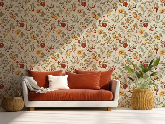 Afina Wallpaper In Living Room With Fiery Red Sofa And Plants