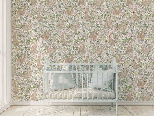 April Wallpaper In Bright Natural Lit Nursery With Baby Blue Cot With Light Blue Pillows