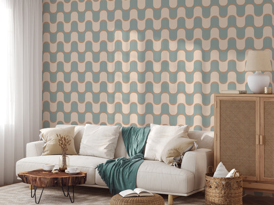 Asmara Wallpaper With White Sofa With Blue Blanket and Coffee Table Made From a Tree