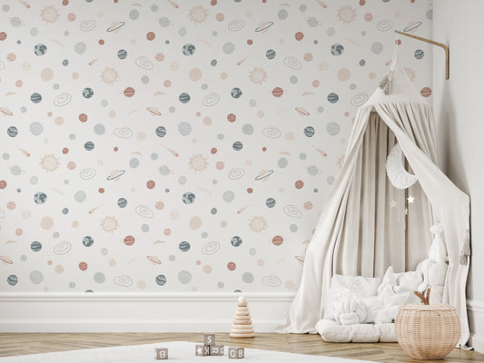Astra Wallpaper In Nursery Room With White Tent & Wooden Toys