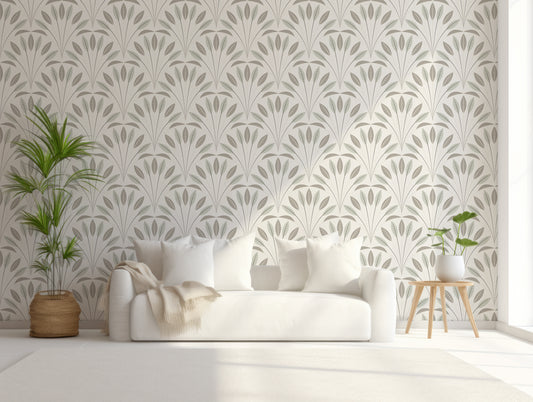 Bonnie Wallpaper In Living Room With White Sofa, Blankets And Cushions With Green Plants