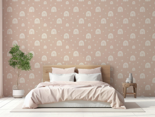 Carina Boho Rainbow And Stars Wallpaper In Bedroom With Wooden Framed Bed With White & Pink Bedding