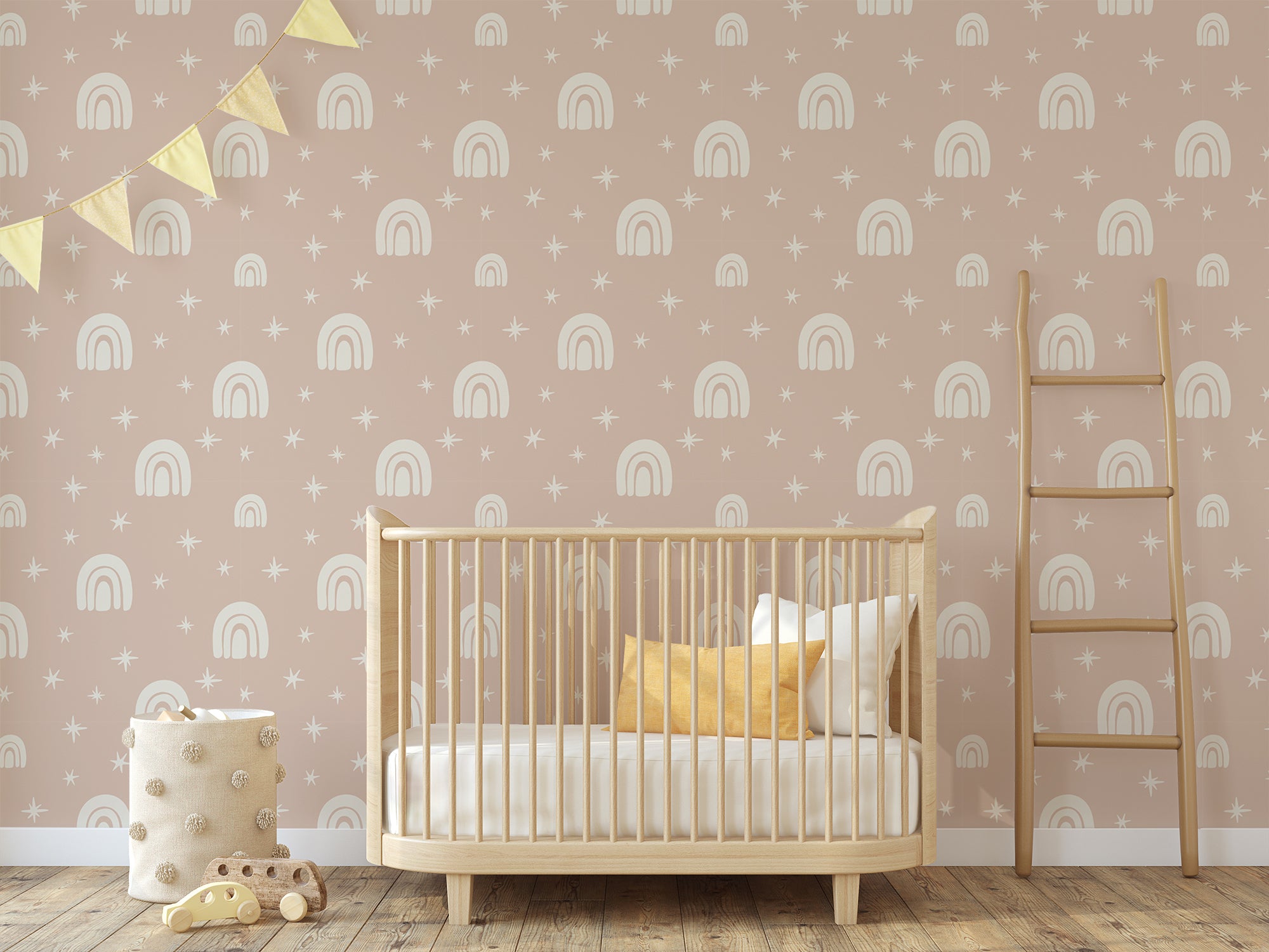 Beige Boho Rainbow And Stars Nursery Wallpaper Peel Paper Peel Paper
