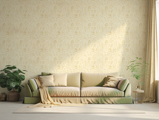 Carmen Wallpaper In Living Room With Green Sofa And Golden Beige Cushions