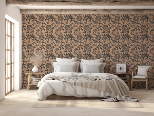 Cecilia Wallpaper In Farmhouse Bedroom With Neutral Colored Bed & Wooden Exposed Beams On Ceiling