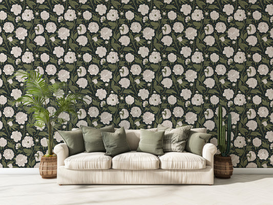 Celestia Wallpaper In Living Room With White Sofa With Green Cushions On It And A Cactus On The Right And A Leafy Plant On The Left Of The Sofa