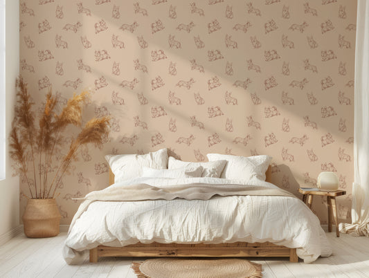 Corgia Wallpaper In Farmhouse Bedroom With Wooden Bed And White Bedding As Well As Beige Plants