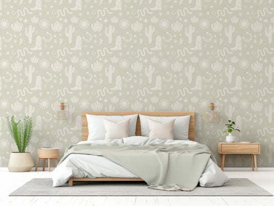 Dolly Wallpaper In Bedroom With Wooden Fram Bed With Sage Blanket And Plants Either Side of The Bed
