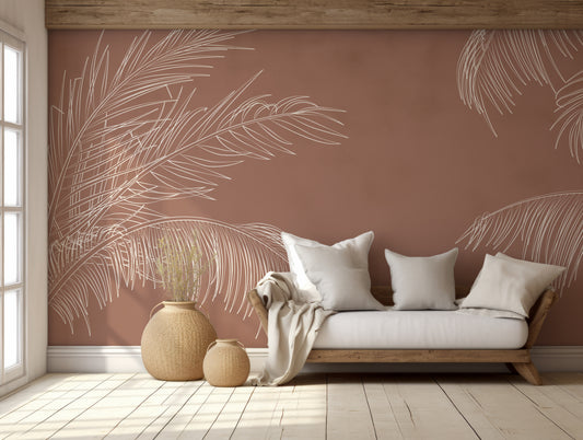Donda Wallpaper In Living Room WIth Small Farmhouse Sofa With Large Woven Plant Pots And Light Shining Through