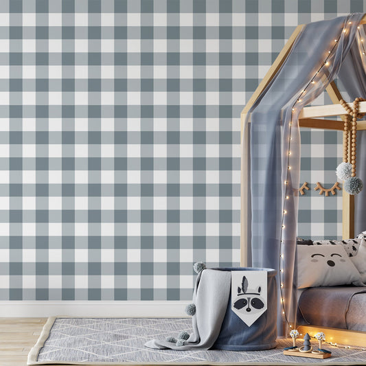An child's bedroom with fairy lights and a bed showing 'Faye' which is a grey gingham wallpaper featuring a classic checked plaid pattern with light slate grey squares on a white background in a repeating design.