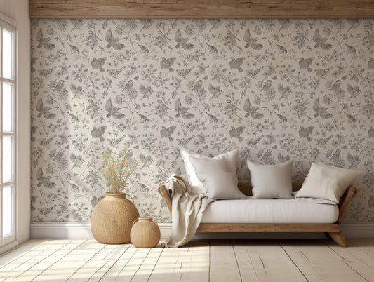 Gianna Wallpaper In Living Room WIth Small Farmhouse Sofa With Large Woven Plant Pots And Light Shining Through