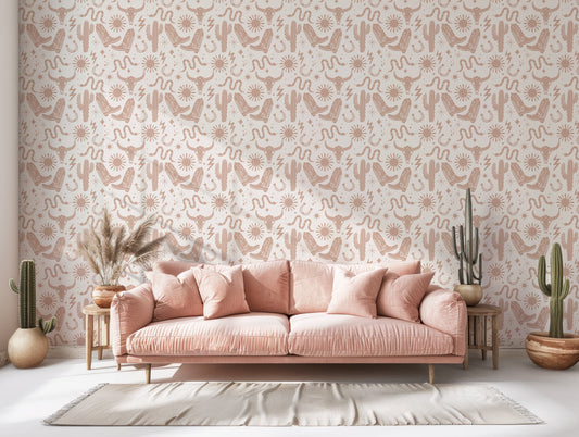 Gracelyn Western Cowboots Wallpaper In Western Living Room With Pink Peach Sofa With Wooden Stools By Each Side With Green Cactuses And Bird Feathers