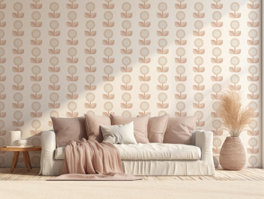 Hulda Wallpaper In Living Room With Neutral Cream And Beige Sofa With Feathers Next to Sofa