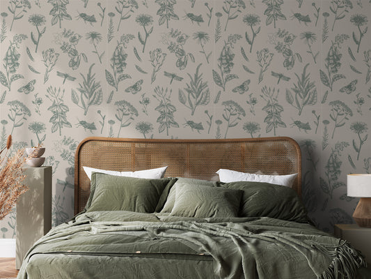 Lillian Wallpaper In Green Bedroom and Bed