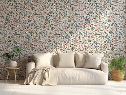 Mallory Wallpaper In Living Room With Neutral Themed Interior & Sofa And Monstera Plants