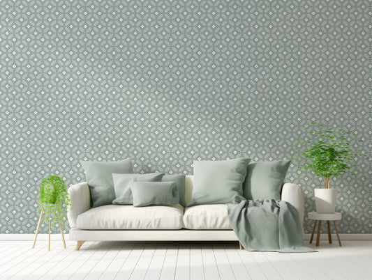 Naomi Wallpaper In Pastel Themed Living Room With Pastel Green Sofa And Green Plants
