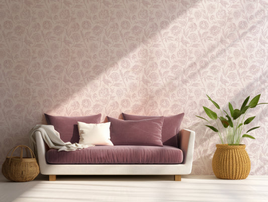 Paisley Wallpaper n Living Room With Fiery Red Sofa And Plants