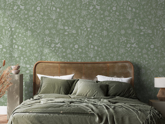 Peton Wallpaper In Green Bedroom and Bed