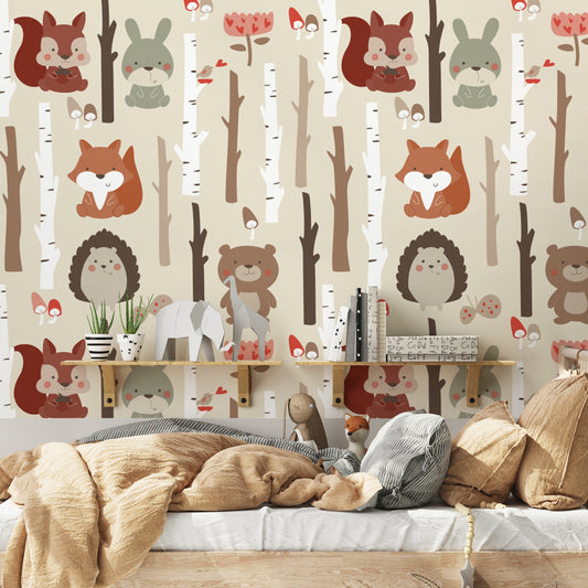 Saanvi - Illustrated Woodland Animals and Trees Wallpaper