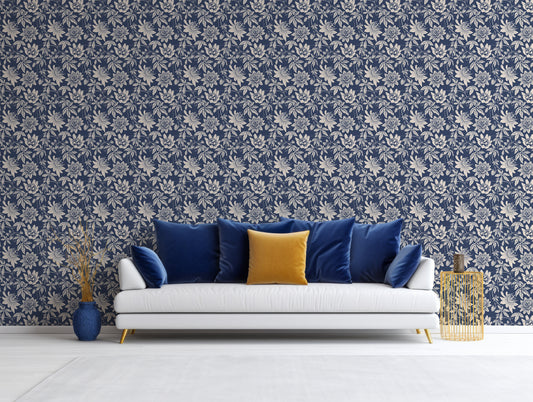 Sadie Wallpaper In Living Room With Navy And Gold Interior With White Sofa With Blue And Gold Cushions
