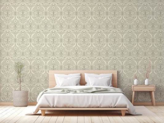 Sandra Wallpaper In Bedroom With Wooden Framed Bed With White & Pink Bedding & Plants