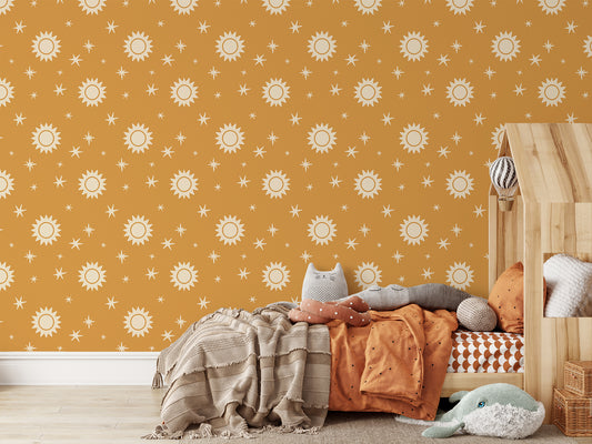 Starla Sunlight And Stars Nursery Wallpaper In Kid's Bedroom with Autumn Colored Bed and Animal Plush