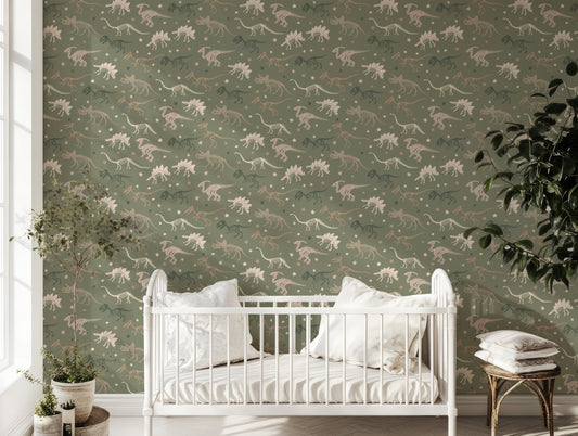 Trixie Dinosaur Wallpaper In Nursery With White Painted Wooden Cot With Dark Plants Either Side