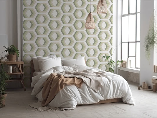 Uri Wallpaper In Wooden Bed With White & Cream Bedding With Lots of Plants & Large Windows With Sun Shining Through