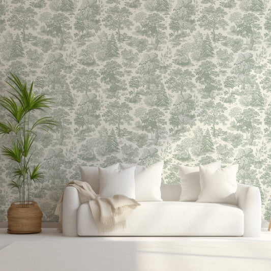 A living room with a white sofa and tall green plant in a rattan pot featuring the Willow wallpaper which is a vintage forest style with detailed etched fir trees in sage green tones on a soft pastel green background in a repeating botanical pattern.