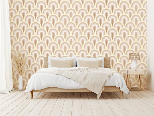 Wrenlee Wallpaper With Beige Bed With Beige Plants and Lampshade