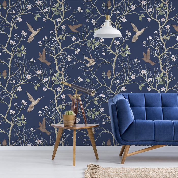 Derora - Chinoiserie Trees, Birds & Flowers Peel & Stick Wallpaper