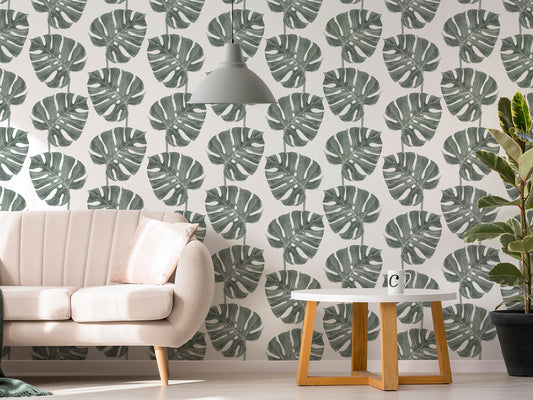 Doris Beige Sofa with White Coffee Table and Large Green Plant