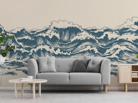 Jennie Blue Cream Great Wave Wallpaper with a Grey Sofa and light wood furniture