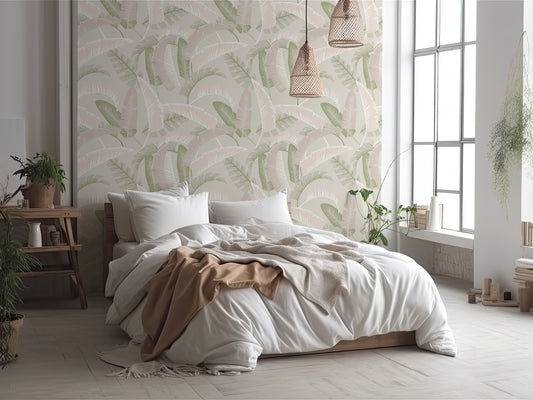 Marisol Wooden Bed With White & Cream Bedding With Lots of Plants & Large Windows With Sun Shining Through