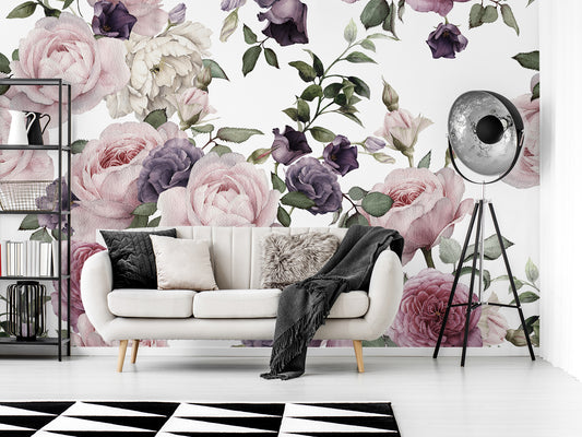 Rosalie Pink and Purple Roses Wallpaper in Living Room with Black Lampshade