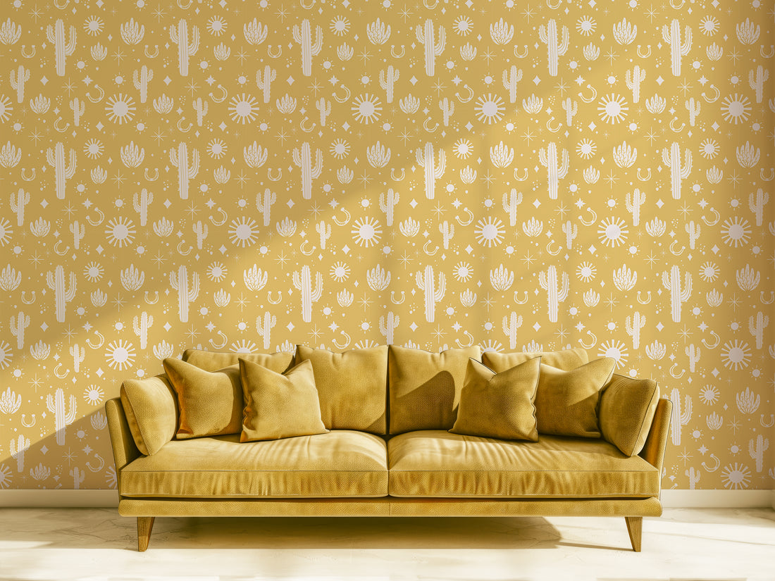 Caroline Cactus Cowboy Western Wallpaper In Living Room With Yellow Mustard Sofa With Lots Of Cushions