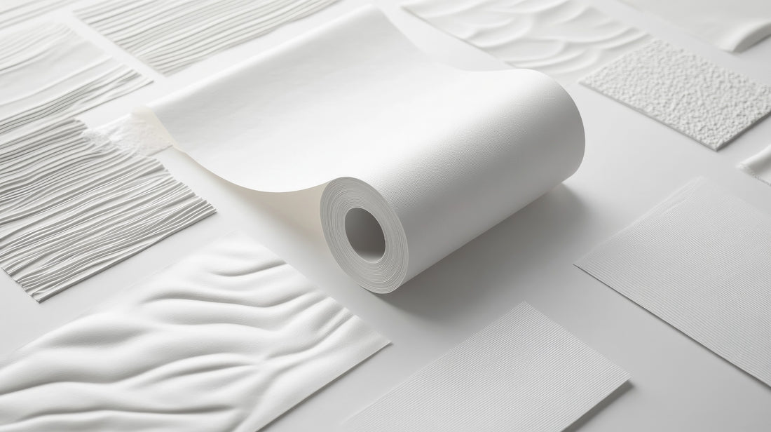 White Wallpaper Roll Surrounded By Various Types Of Textures Such A Brick, Wood, Glass