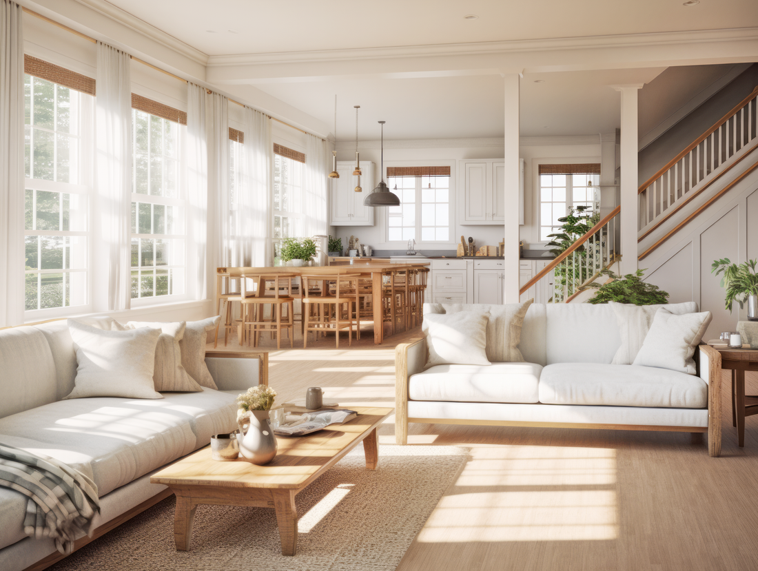 Photograph Of Interior Of Farmhouse Featuring Living Room & Kitchen