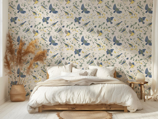 Adriana Wallpaper In Farmhouse Bedroom With Wooden Bed And White Bedding As Well As Beige Plants
