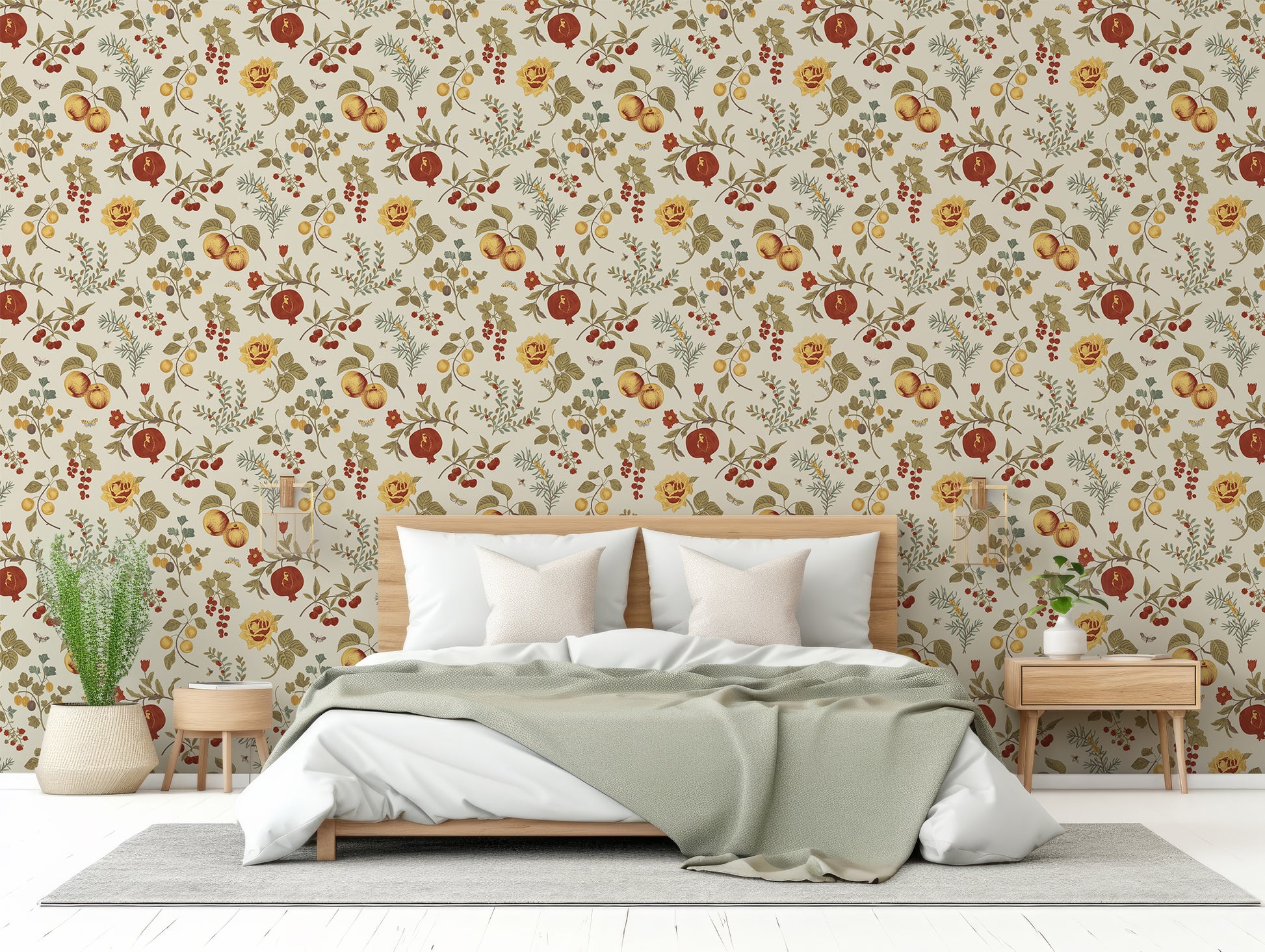 Afina Wallpaper In Bedroom With Wooden Fram Bed With Sage Blanket And Plants Either Side of The Bed