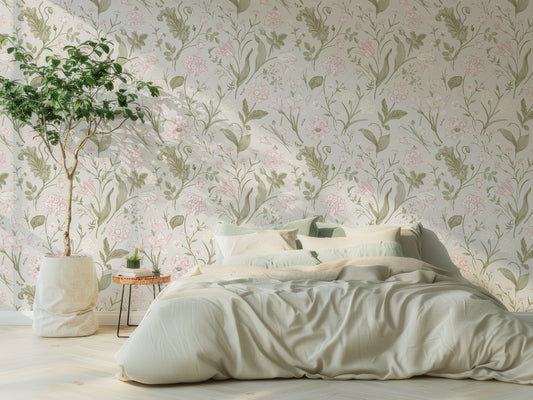 Alyssa Wallpaper In Bedroom With Sage Green Bed And Small Green Tree In White Pot Next To It