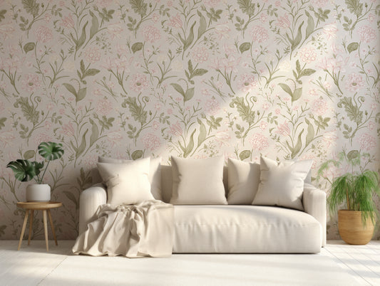 Alyssa Wallpaper In Living Room With Neutral Themed Interior & Sofa And Monstera Plants