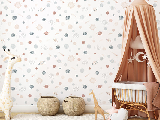 Astra Wallpaper Children's Cot Covered in Beige Fabric With Toy Giraffe