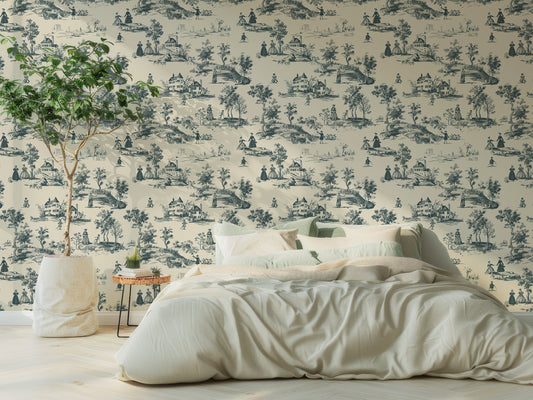 Camille Wallpaper In Bedroom With Sage Green Bed And Small Green Tree In White Pot Next To It