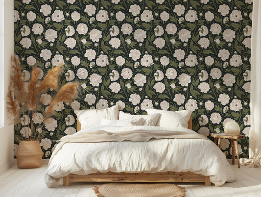 Celestia Wallpaper In Farmhouse Bedroom With Wooden Bed And White Bedding As Well As Beige Plants