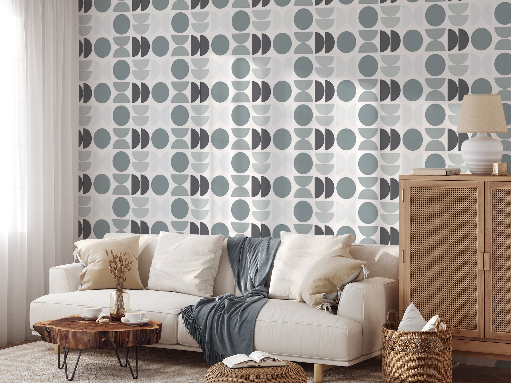 Cora Wallpaper With White Sofa With Blue Blanket and Coffee Table Made From a Tree