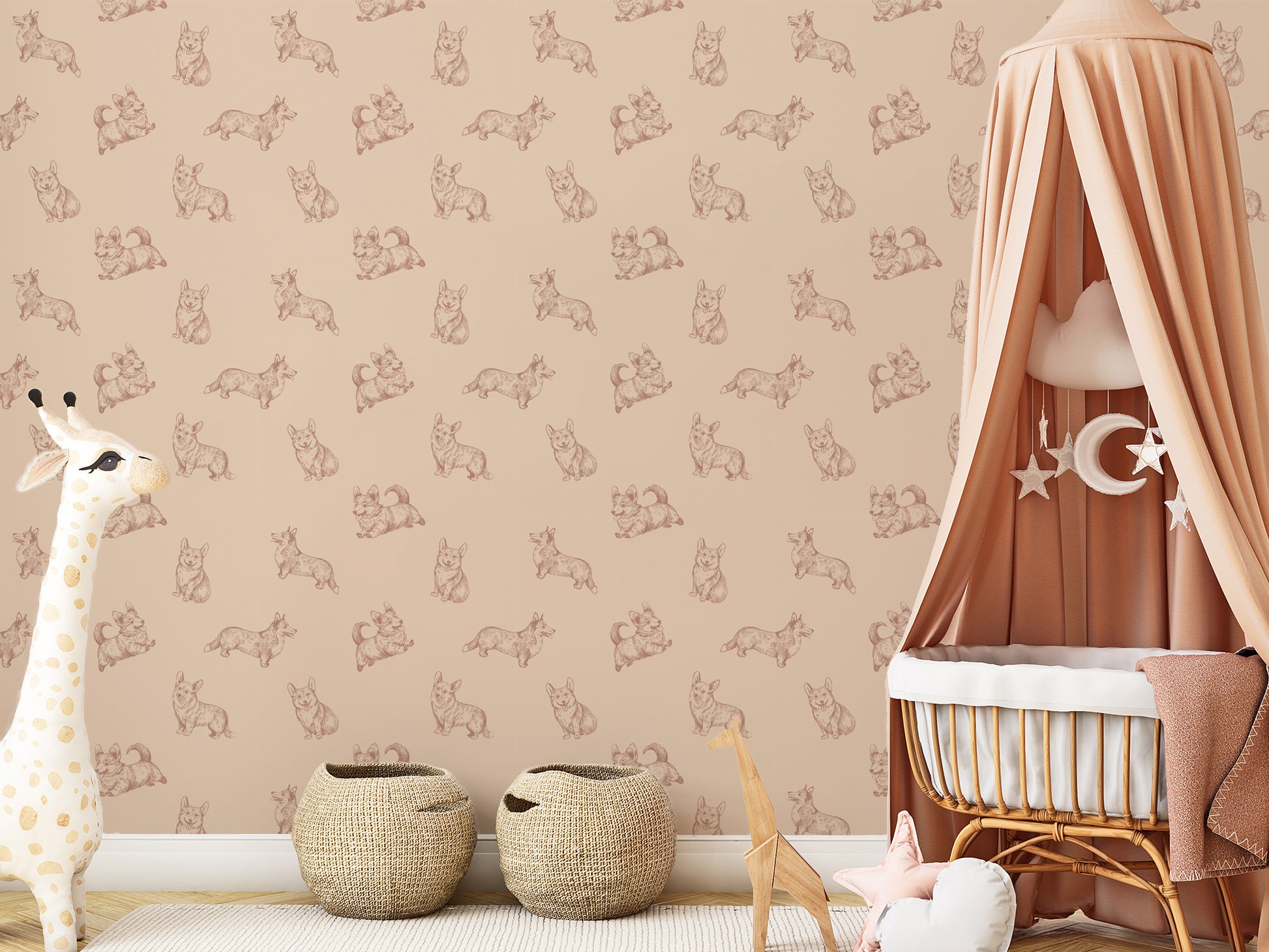 Corgia Wallpaper In Children's Cot Covered in Beige Fabric With Toy Giraffe