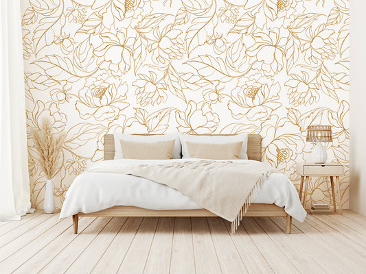 Florian Wallpaper With Beige Bed With Beige Plants and Lampshade
