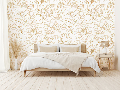 Florian Wallpaper With Beige Bed With Beige Plants and Lampshade