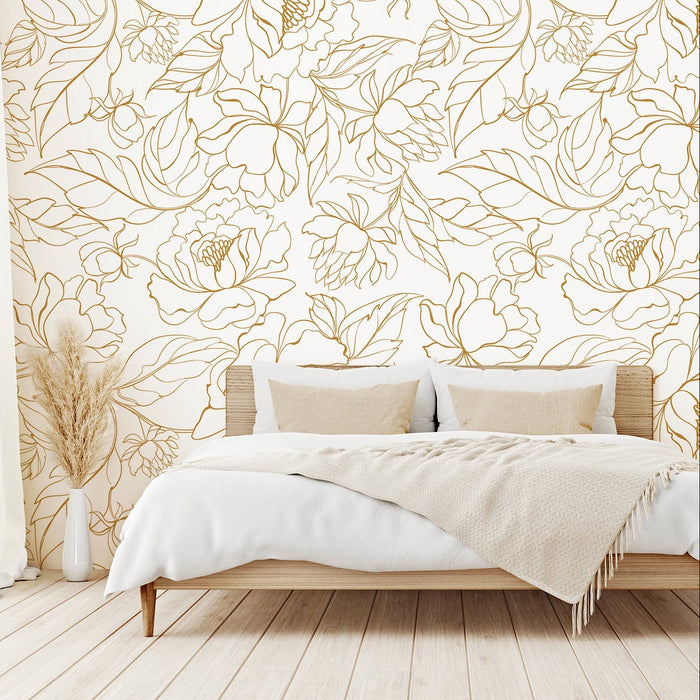 Florian - White And Gold Botanical Flower and Leaves Wallpaper